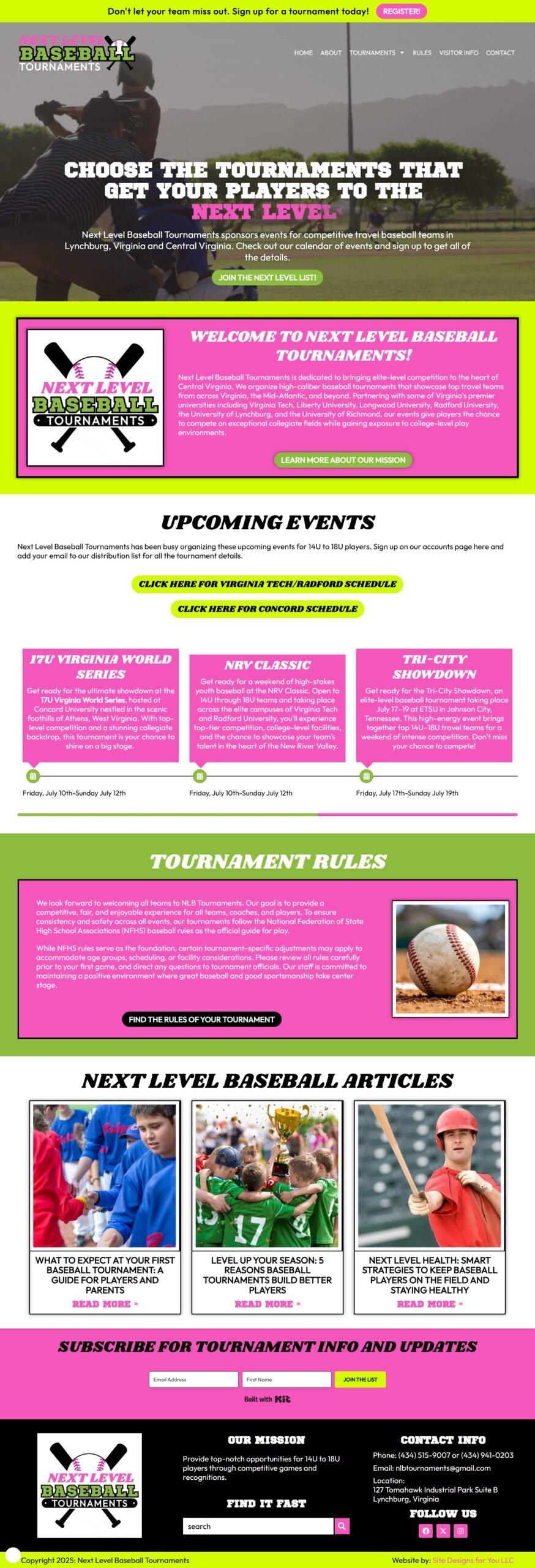 Next Level Baseball Tournaments page preview